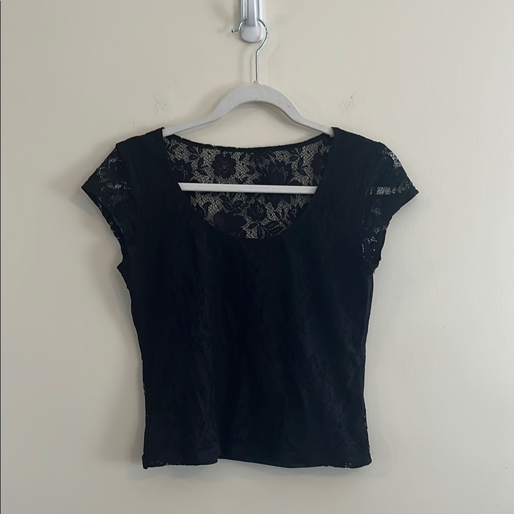 Vintage Black Lace Sheer Top 80s 90s Floral Gothic‎ Goth Punk romantic M Nylon